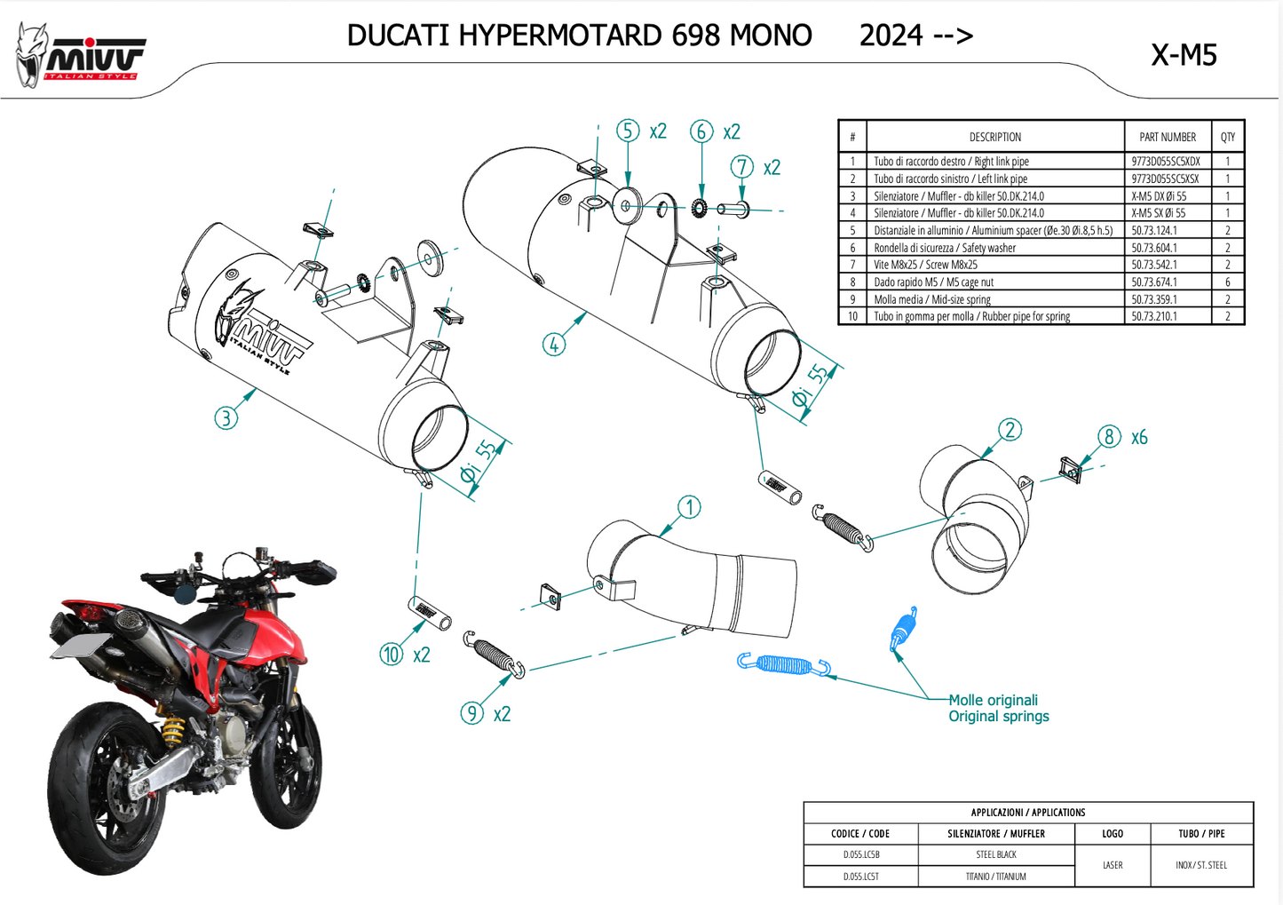 Technical diagram of a Ducati Hypermotard 698 Mono motorcycle with component illustrations and specifications.